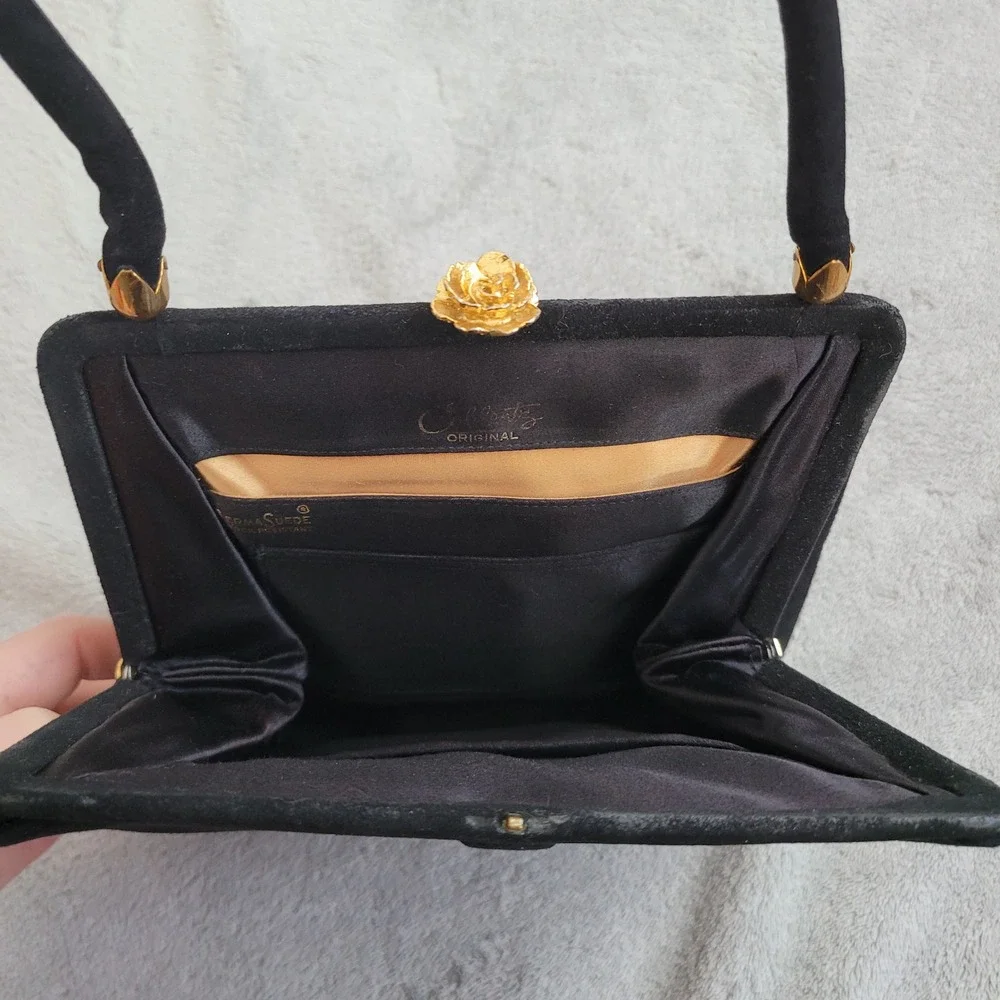 Vintage 60s Coblentz perma‎ suede black satchel handbag purse gold rose detail
